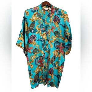 Vintage Victoria's Secret Turquoise Nautical-Print Robe with Gold & Pink Accents
